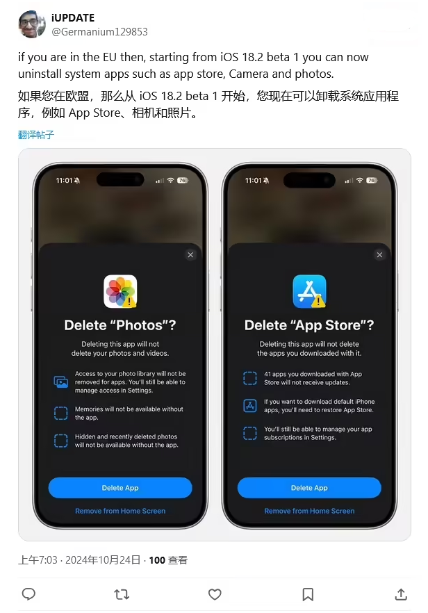 惠城苹果手机维修分享iOS 18.2 支持删除 App Store 应用商店 