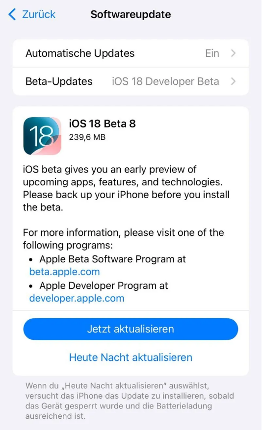 惠城苹果手机维修分享苹果 iOS / iPadOS 18 开发者预览版 Beta 8 发布 